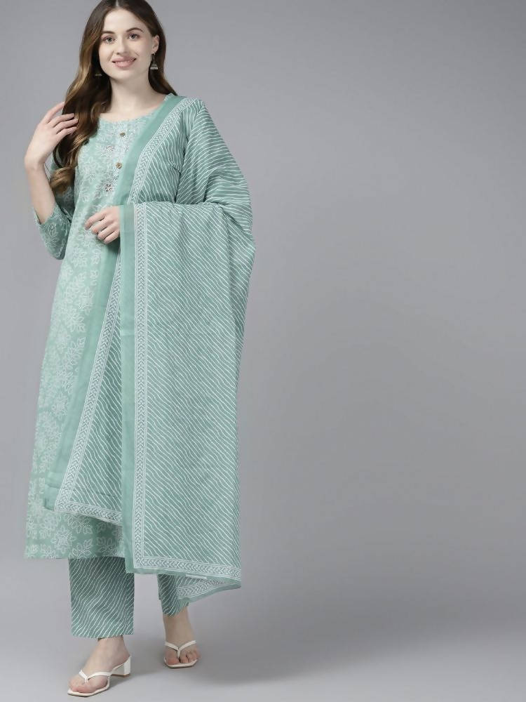 Yufta Women Green Bandhani Print Gotta Patti Pure Cotton Kurta with Palazzo and Dupatta | Grocsy
