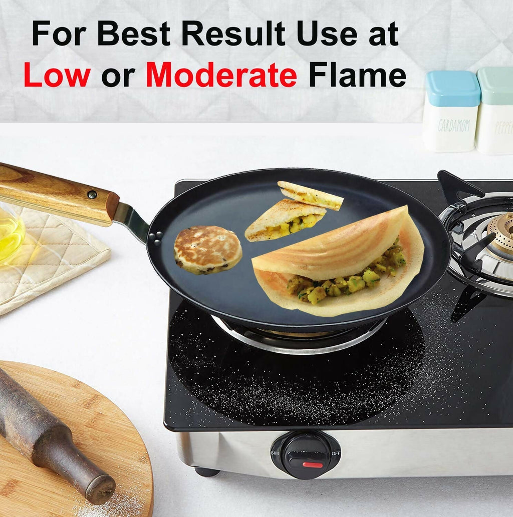 Amicus Pure Iron Tawa for Dosa Roti Chapati Paratha, Flat Iron Dosa Tava with Wooden Handle | Grocsy