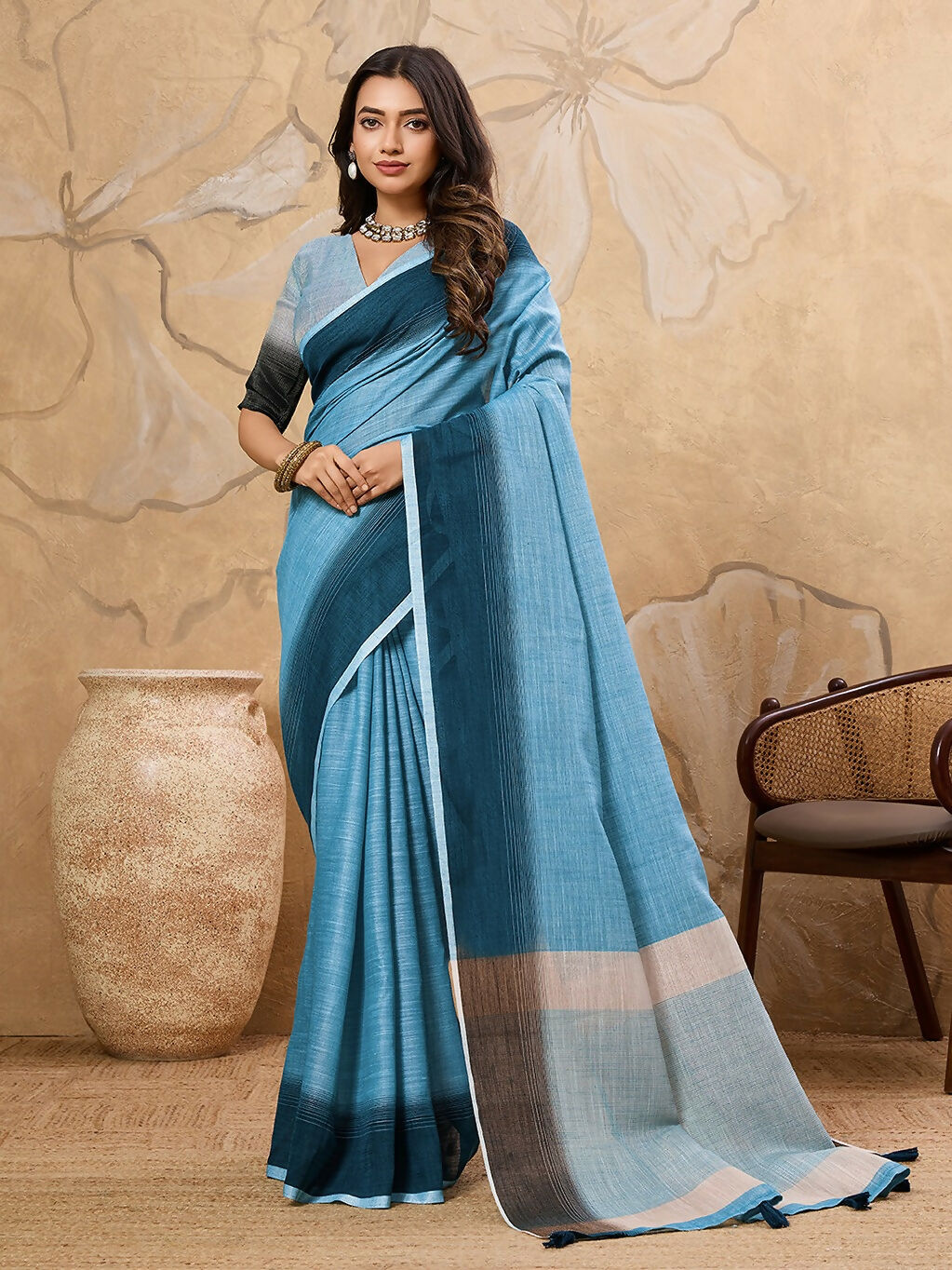 Shree Shyam Fashion Sky Blue Linen Saree | Grocsy