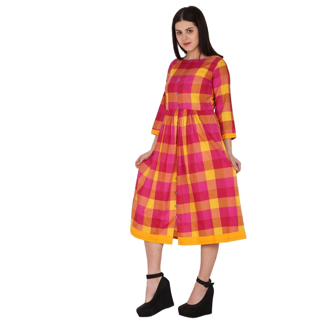 Kanoor Women's Pink and Yellow Rayon Frock Style Kurti | Grocsy