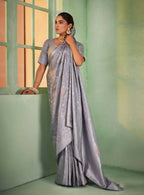 Delightful Designer Grey Color Kanjivaram Silk Saree With Weaving Work - Yomika Fashions | Grocsy