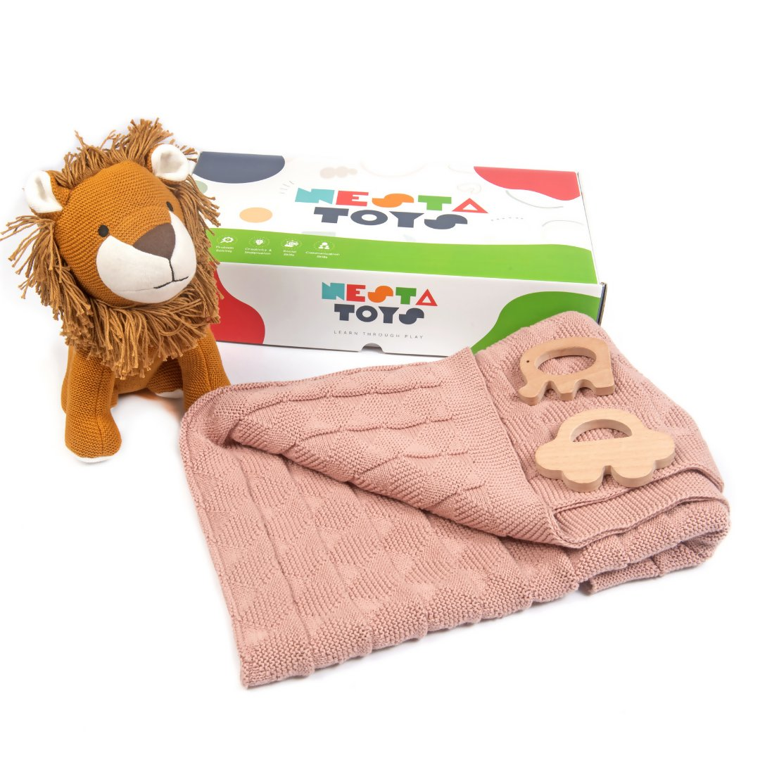 Nesta Toys Newborn Gift Set - Knitted Cotton Blanket, Lion Plush Toy, Elephant & Car Teether | Grocsy
