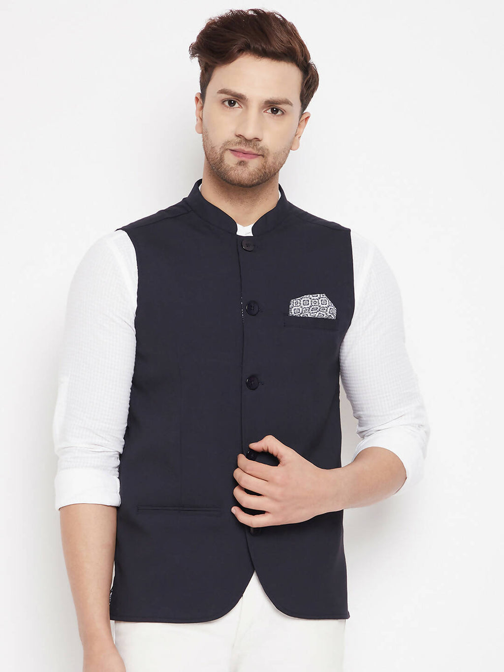 Even Apparels Navy Merino Men's Nehru Jacket-Contrast Lining-Inbuilt Pocket Square | Grocsy