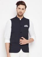 Even Apparels Navy Merino Men's Nehru Jacket-Contrast Lining-Inbuilt Pocket Square | Grocsy