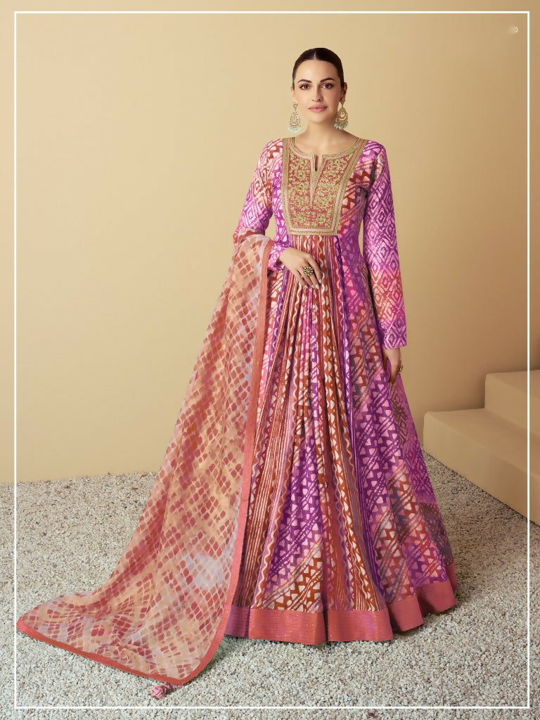 Vastranavya Lavender Muslin Printed Sequins Beads Work Abaya Style Anarkali Suit | Grocsy