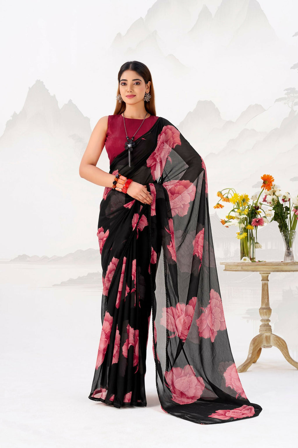 Vastranavya Black Floral Print with Lace Border work Chiffon Saree & Unstitched Blouse | Grocsy
