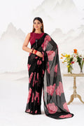 Vastranavya Black Floral Print with Lace Border work Chiffon Saree & Unstitched Blouse | Grocsy