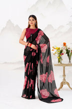 Vastranavya Black Floral Print with Lace Border work Chiffon Saree & Unstitched Blouse | Grocsy