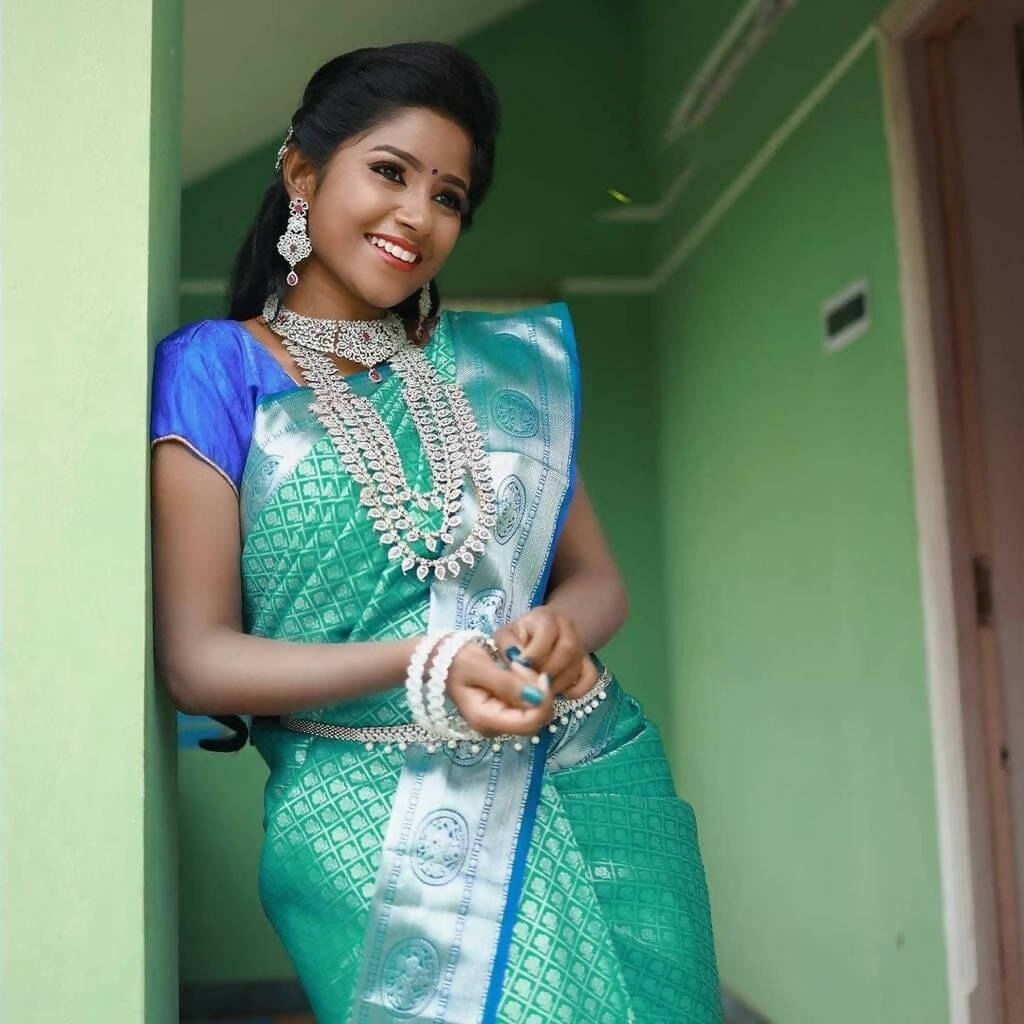DEIANA'S Beautiful Designer Golden zari Soft Lichi Silk Saree - Sky | Grocsy