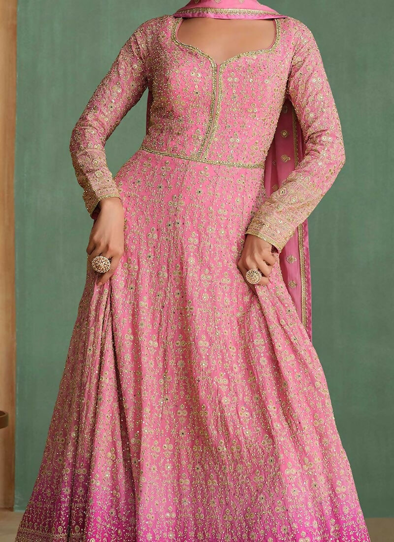 Vastranavya Peach Georgette Seroski Diamond Embroidered Sequins A Line Stunning Anarkali Suit | Grocsy