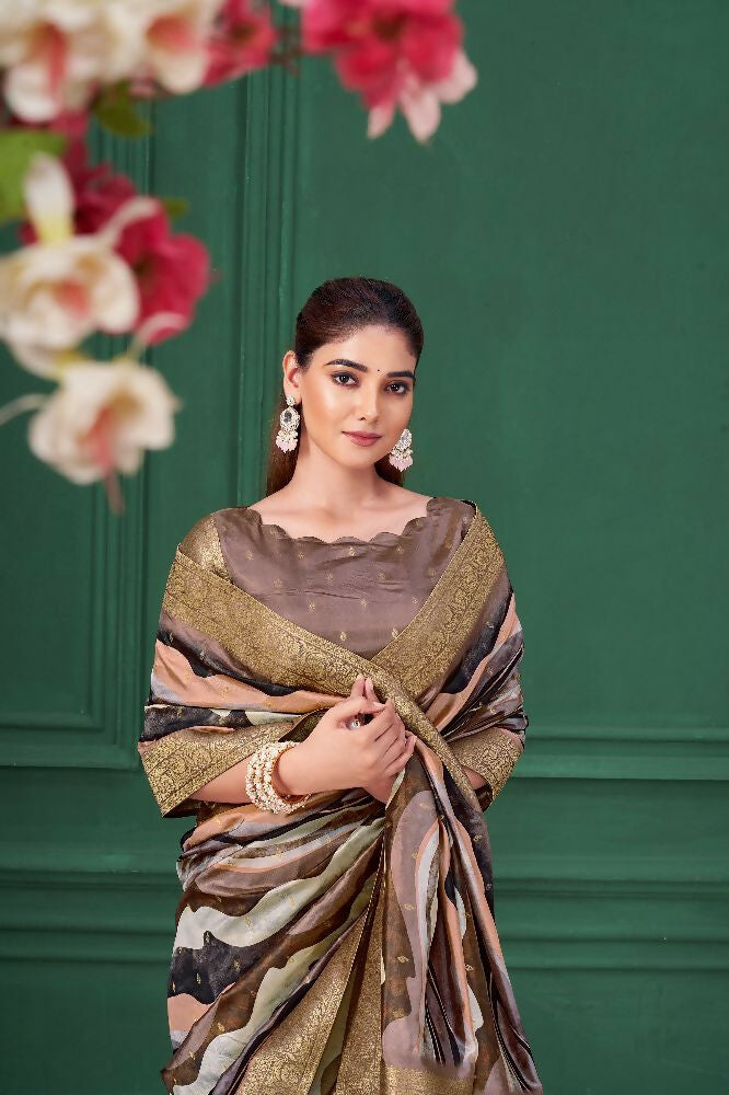 Lilac Purple Tussar Silk Jacquard Abstract Digital Print Saree with Unstitched Blouse - Mohira | Grocsy