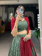 Vastranavya Navaratri Special Pure Cotton Printed With Gota Patti And Lace Touch Up Lehenga with Stitched Choli - Green | Grocsy