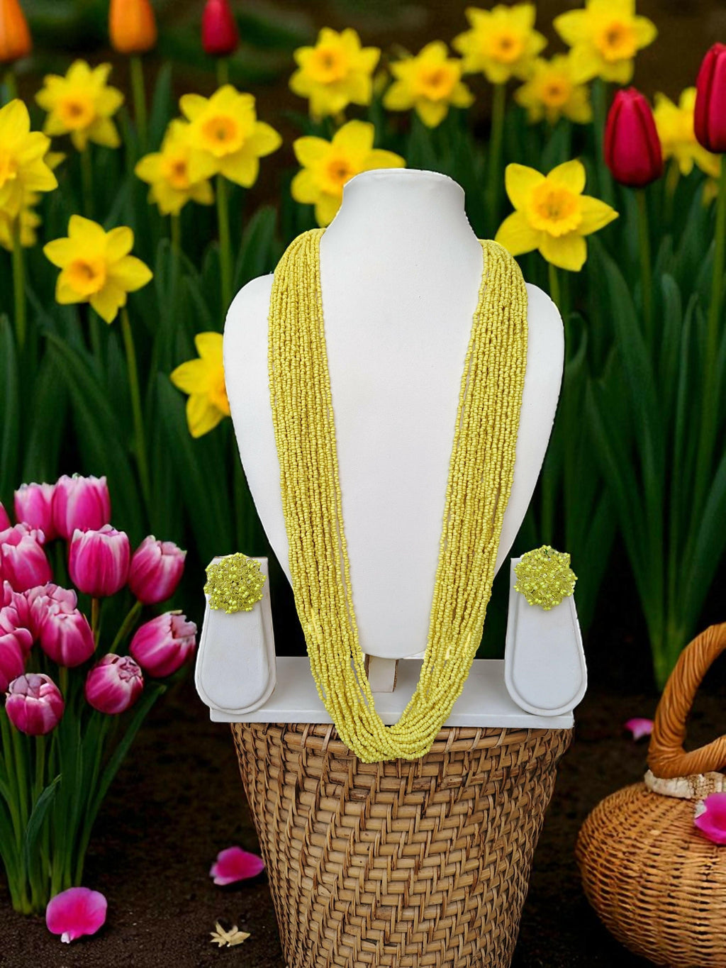 Inhanns Rangsaaz 20-Layer Luxe Long Beaded Necklace (With Optional Statement Earrings) - Lemon Yellow With Earring | Grocsy