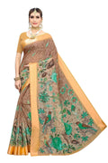 Vamika Orange and Green Linen Digital Print with Satin Border Floral Saree | Grocsy