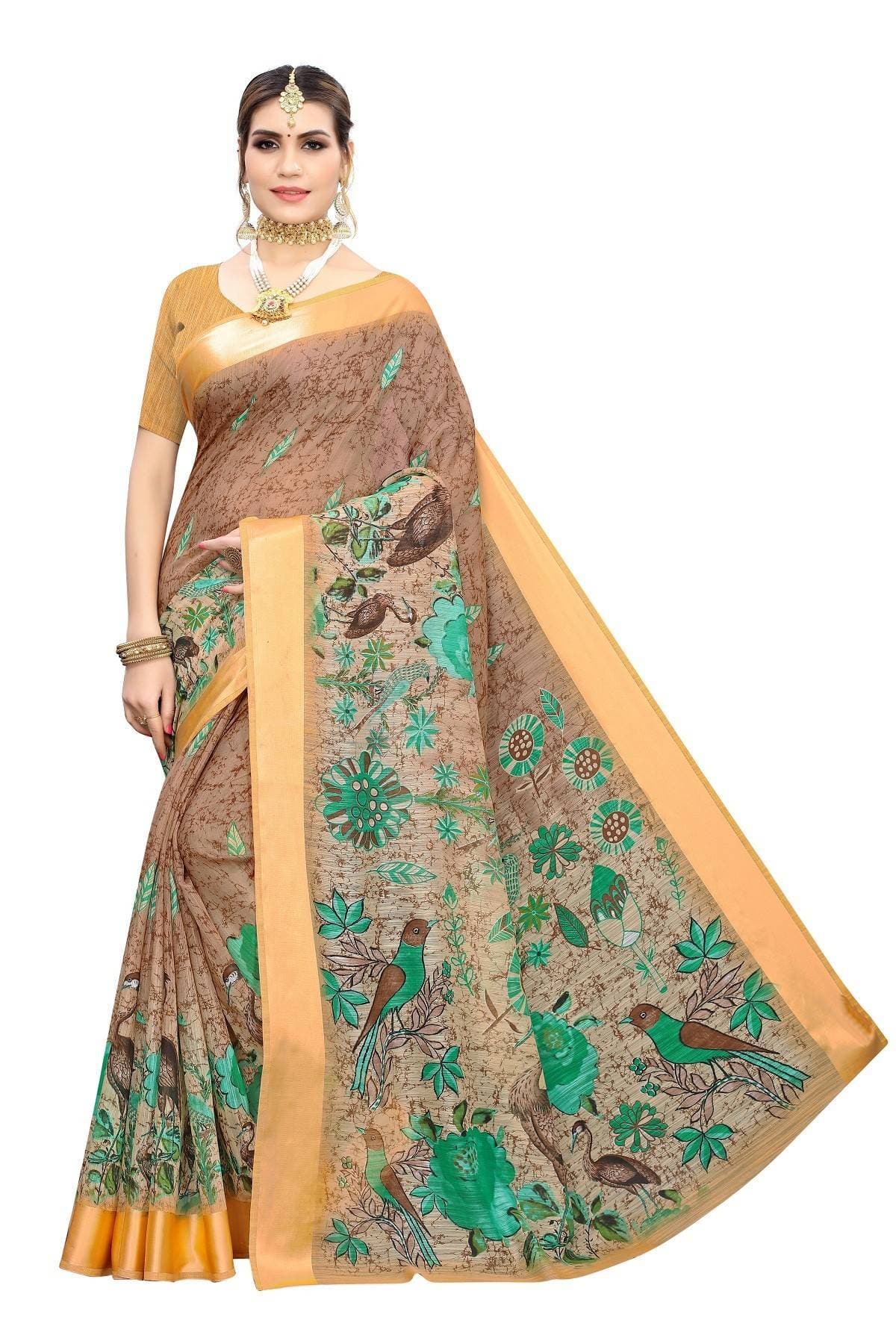 Vamika Orange and Green Linen Digital Print with Satin Border Floral Saree | Grocsy