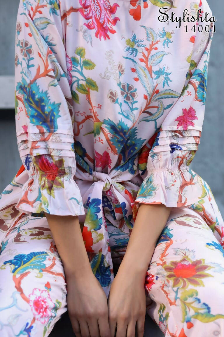 Women's Partywear Designer White & Multi Muslin co-ord set - Stylishta | Grocsy