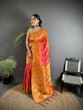 Joban Fashion Pastel Orange Geometric Pattern Soft Silk Patola Saree | Grocsy