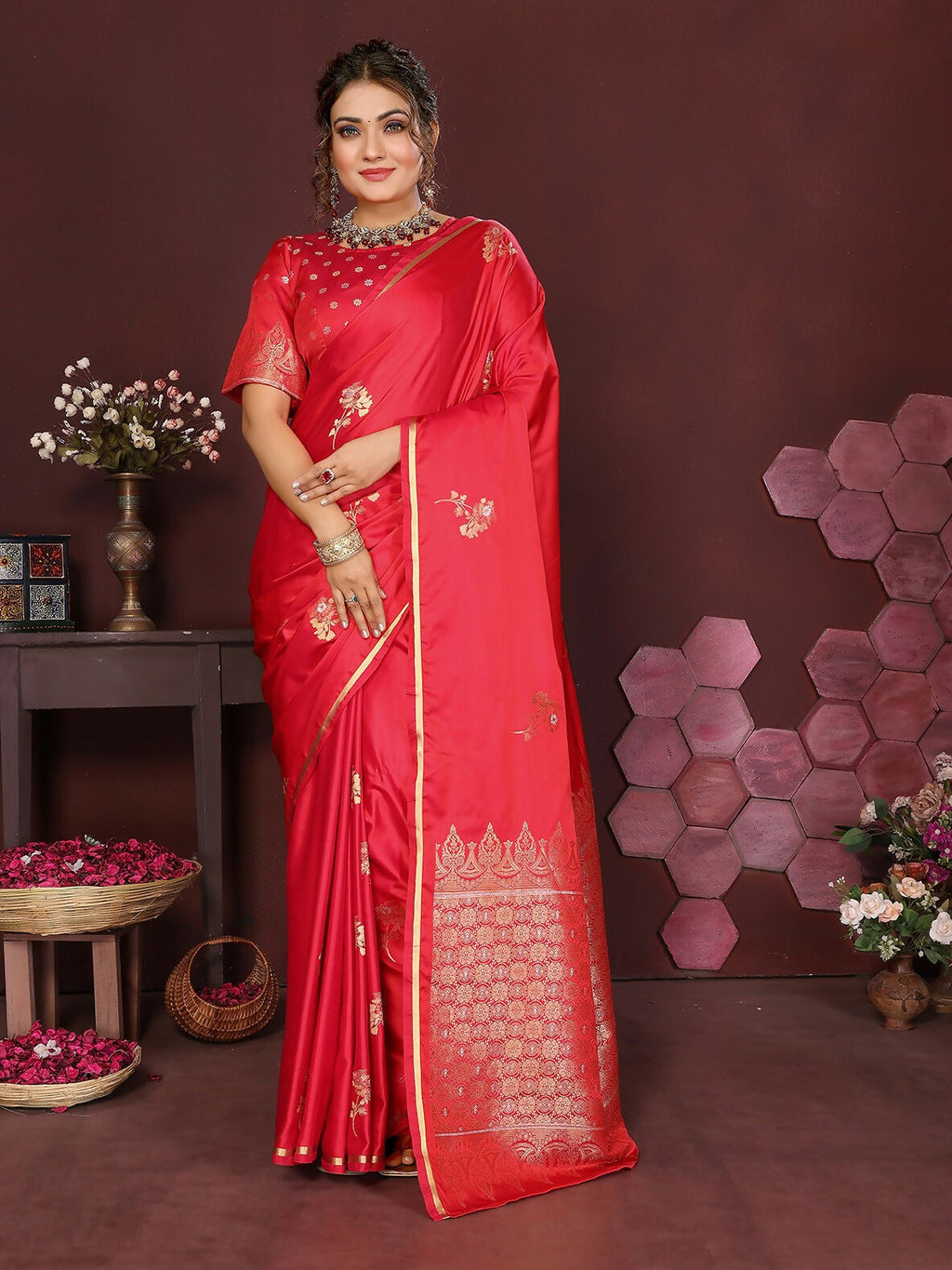 Joban Fashion Reddish Pink Floral Banarasi Silk Sarees | Grocsy