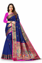 Vedant Vastram Soft Litchi Silk Paithani Silk Saree - Navy | Grocsy
