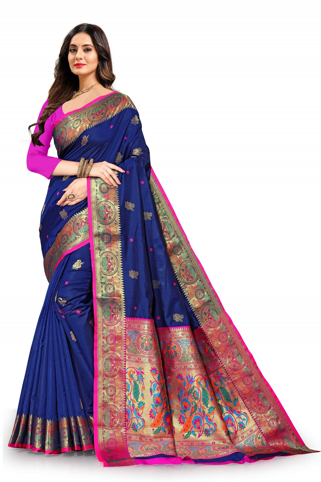 Vedant Vastram Soft Litchi Silk Paithani Silk Saree - Navy | Grocsy