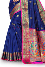 Vedant Vastram Soft Litchi Silk Paithani Silk Saree - Navy | Grocsy