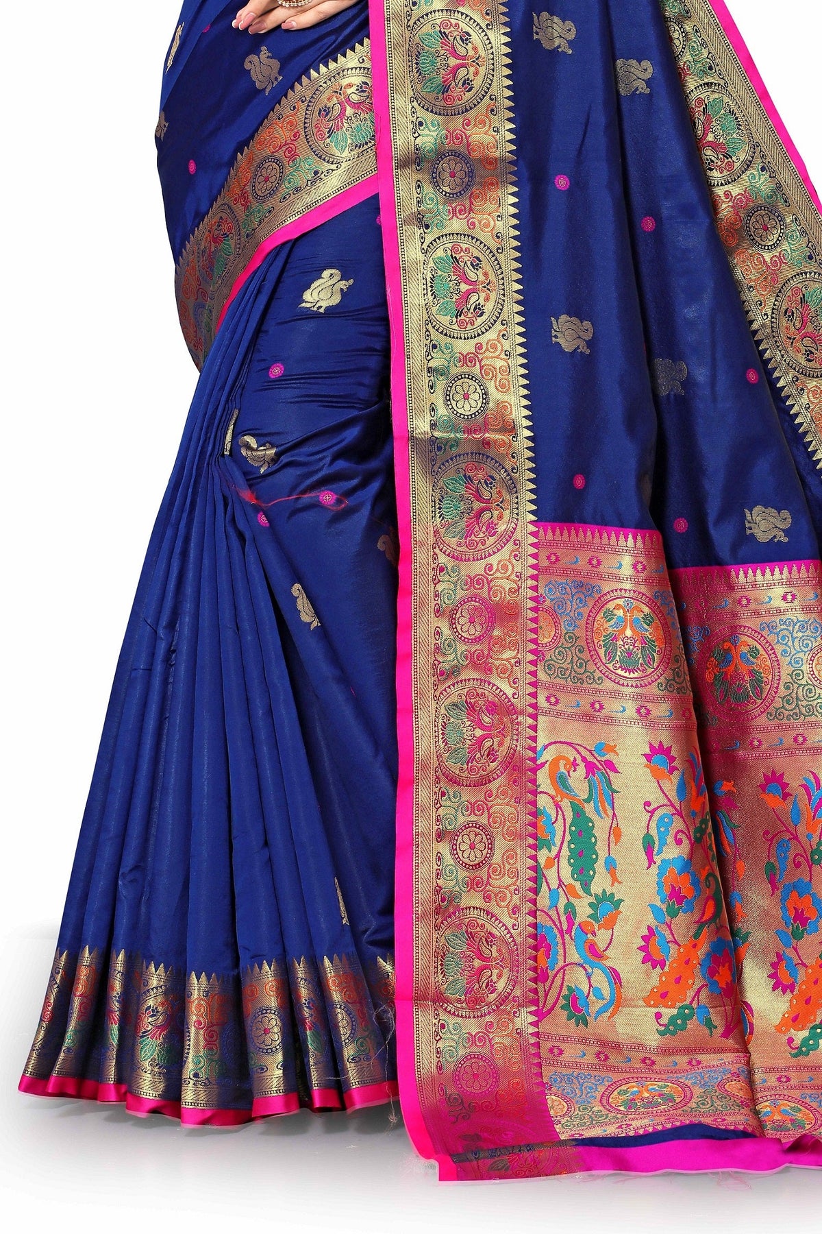 Vedant Vastram Soft Litchi Silk Paithani Silk Saree - Navy | Grocsy