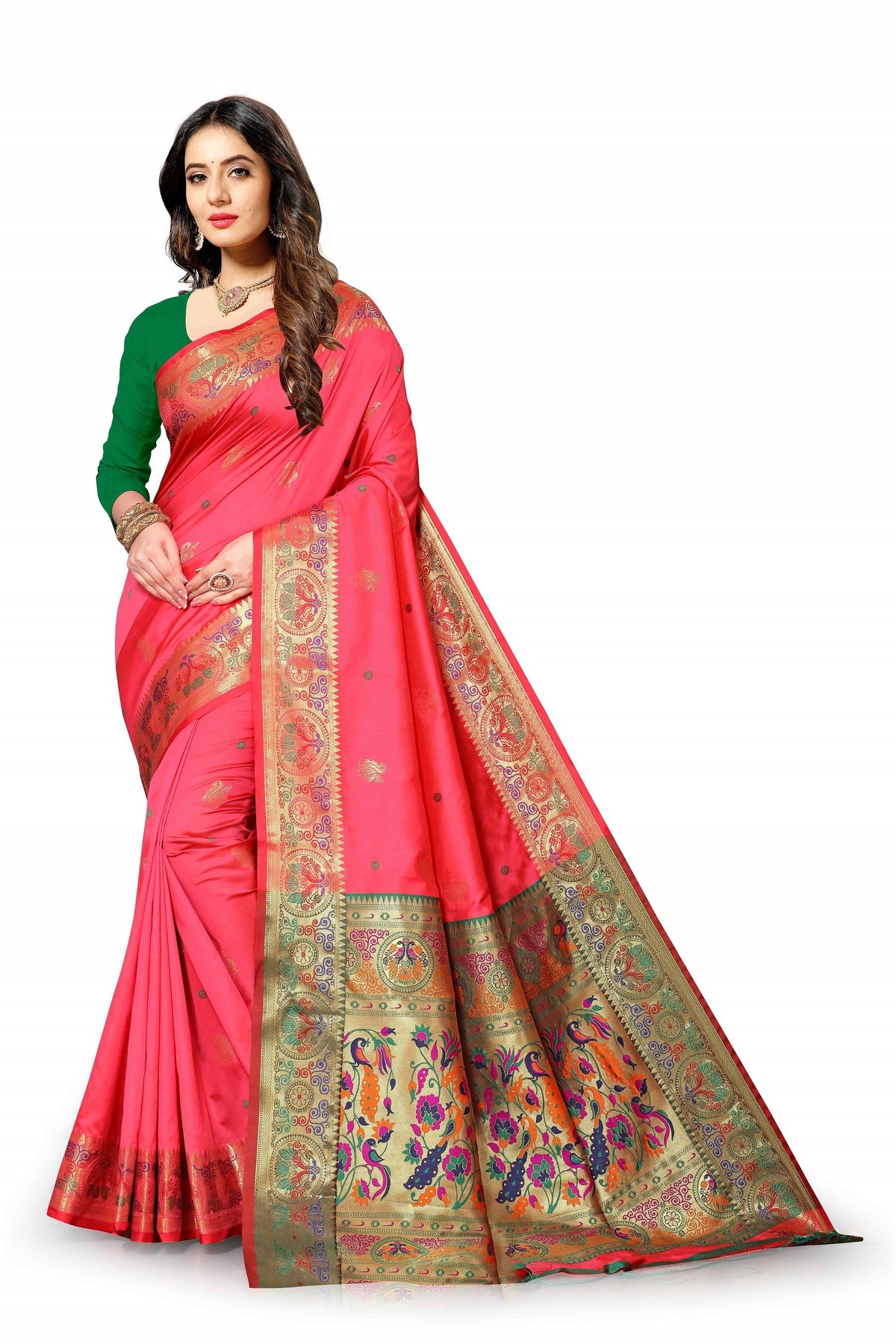 Vedant Vastram Soft Litchi Silk Paithani Silk Saree - Peach | Grocsy