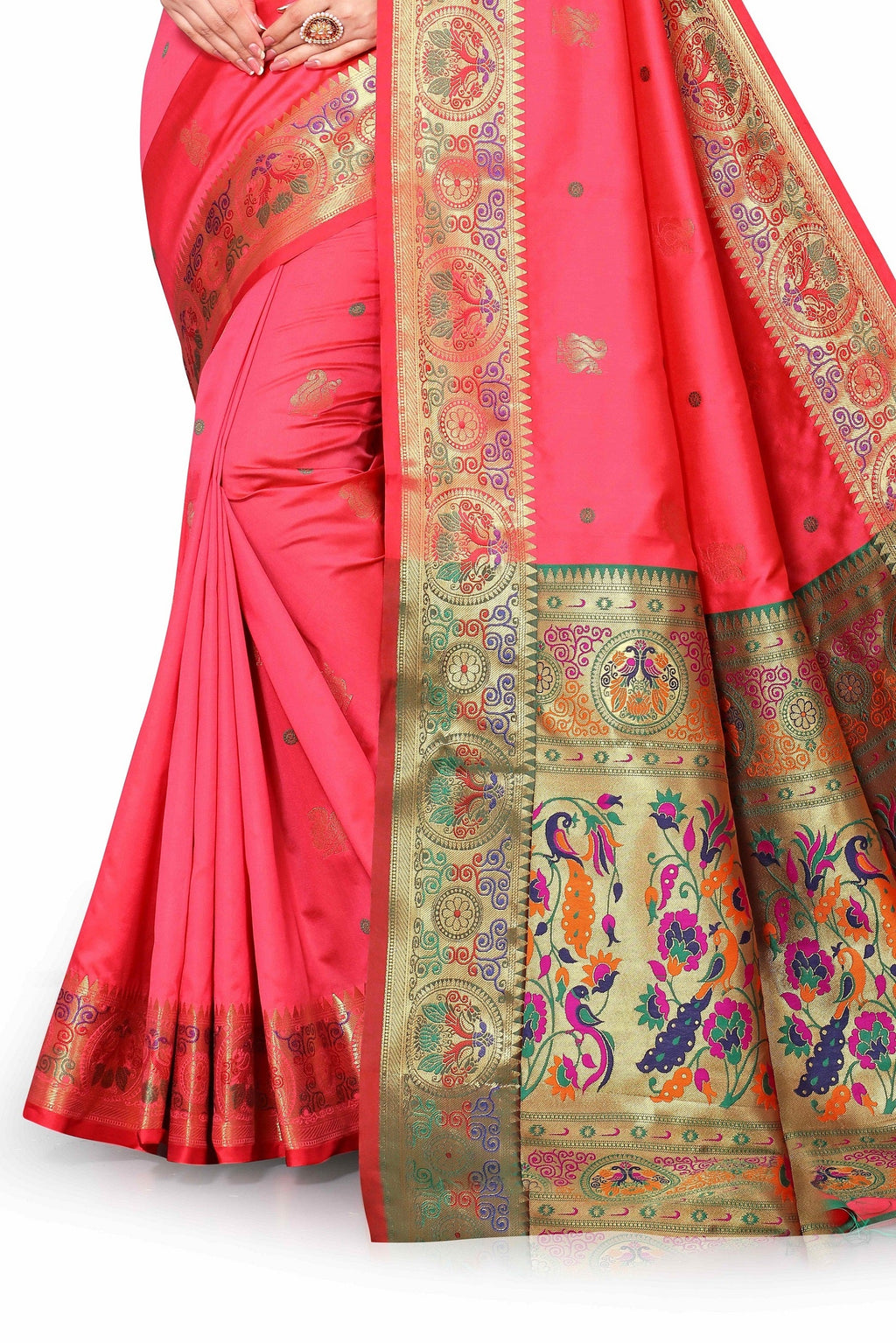 Vedant Vastram Soft Litchi Silk Paithani Silk Saree - Peach | Grocsy