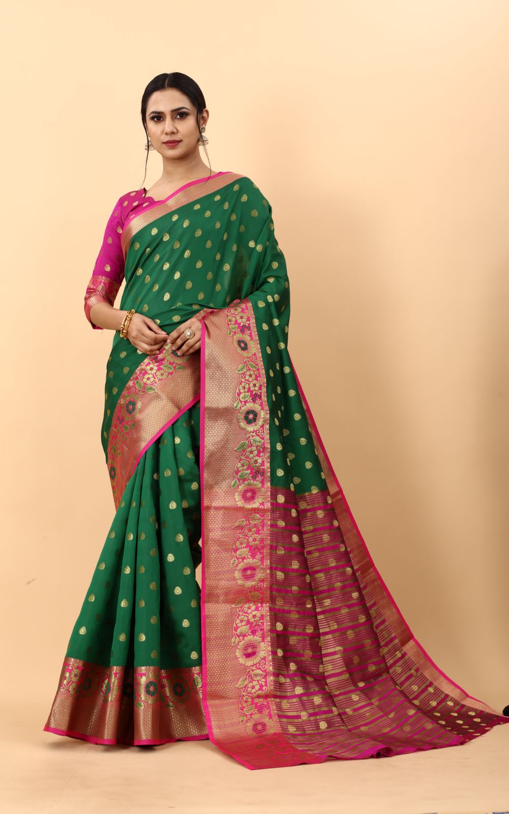 Vedant Vastram Soft Litchi Silk Kanjeevaram Saree - Green | Grocsy