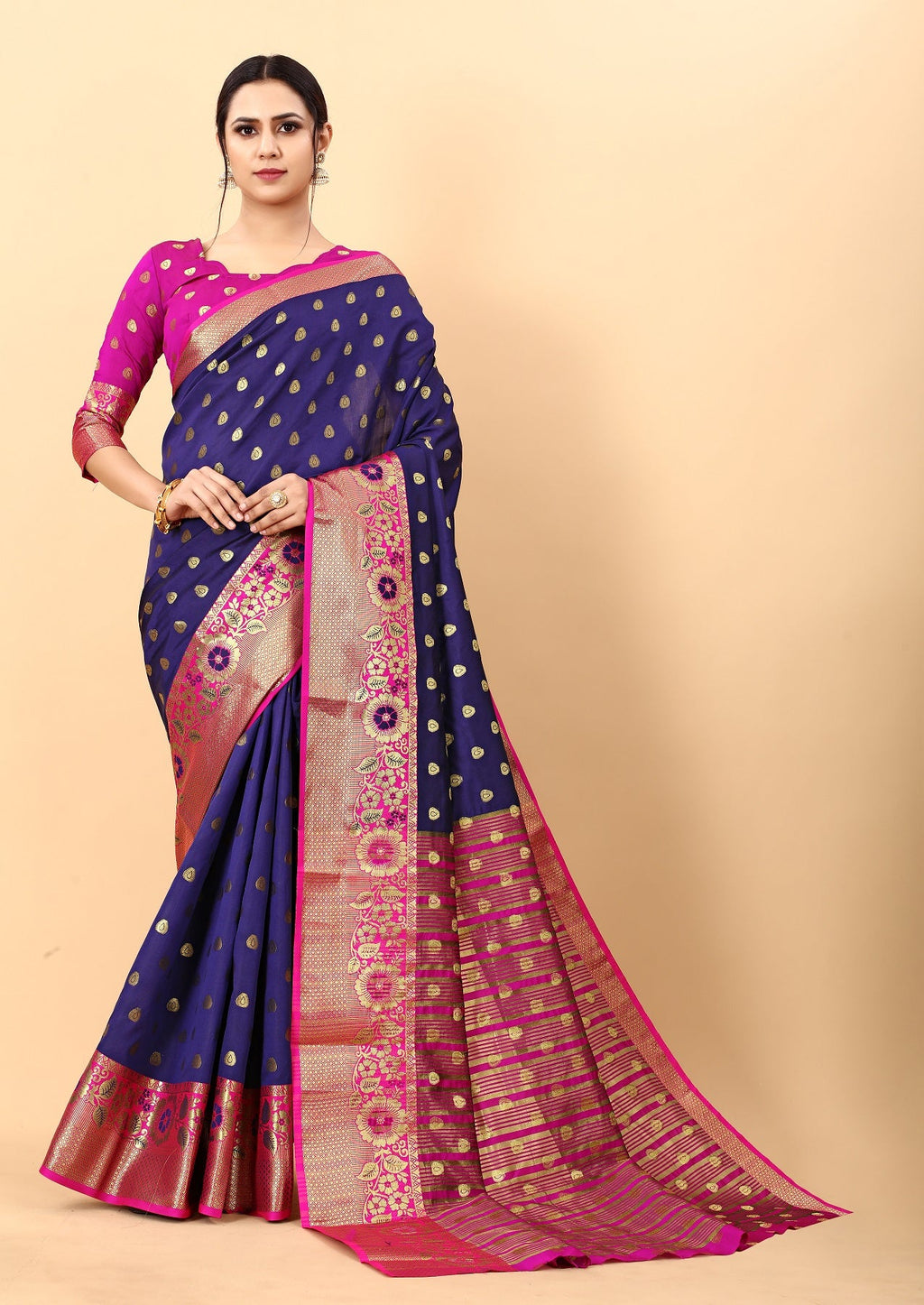 Vedant Vastram Soft Litchi Silk Kanjeevaram Saree - Navy | Grocsy