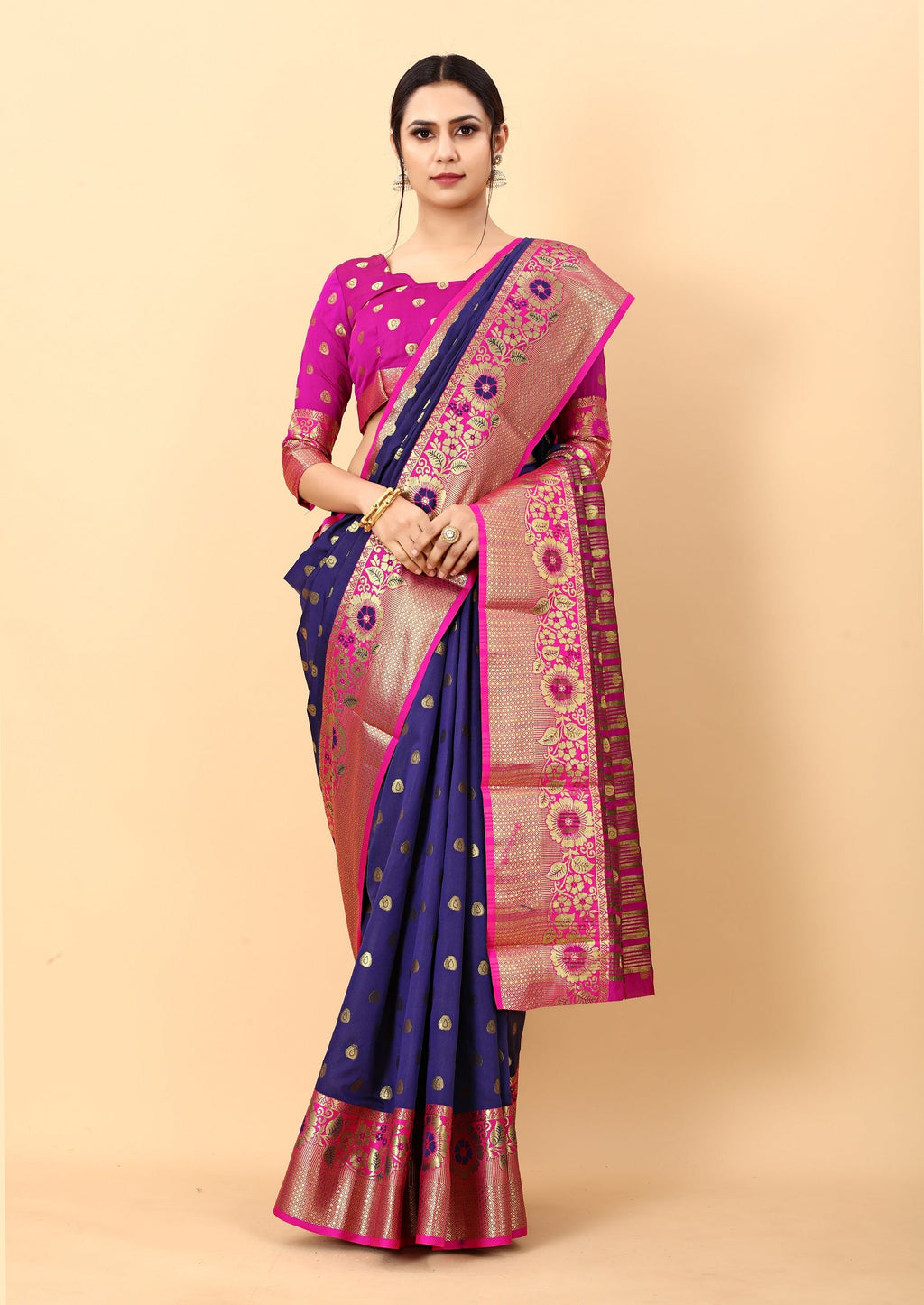 Vedant Vastram Soft Litchi Silk Kanjeevaram Saree - Navy | Grocsy