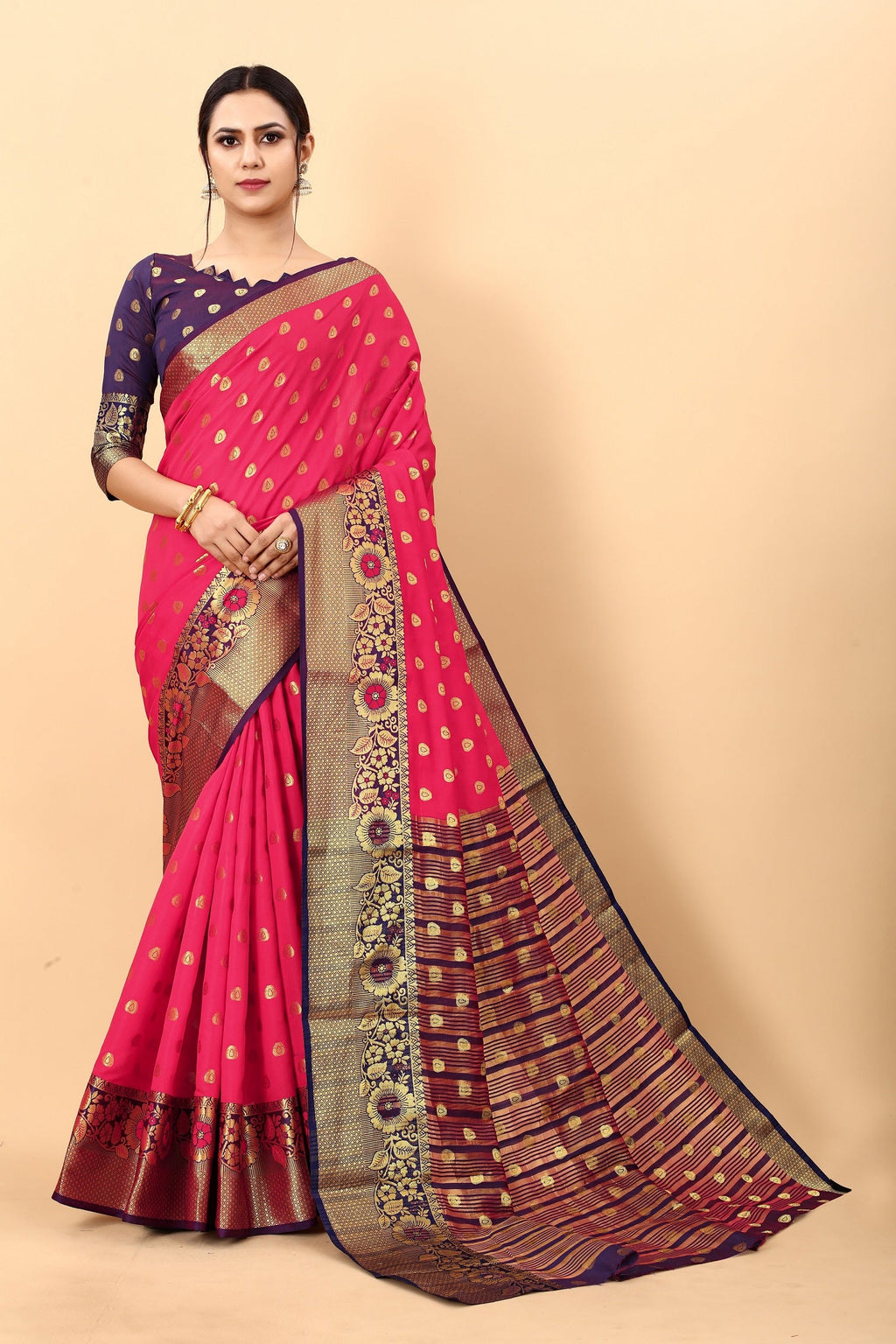 Vedant Vastram Soft Litchi Silk Kanjeevaram Saree - Pink | Grocsy