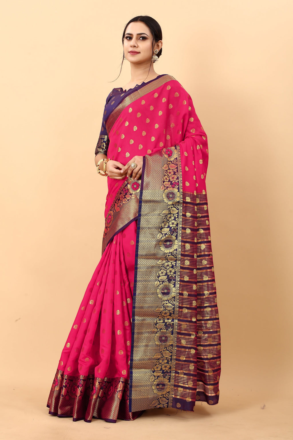 Vedant Vastram Soft Litchi Silk Kanjeevaram Saree - Pink | Grocsy