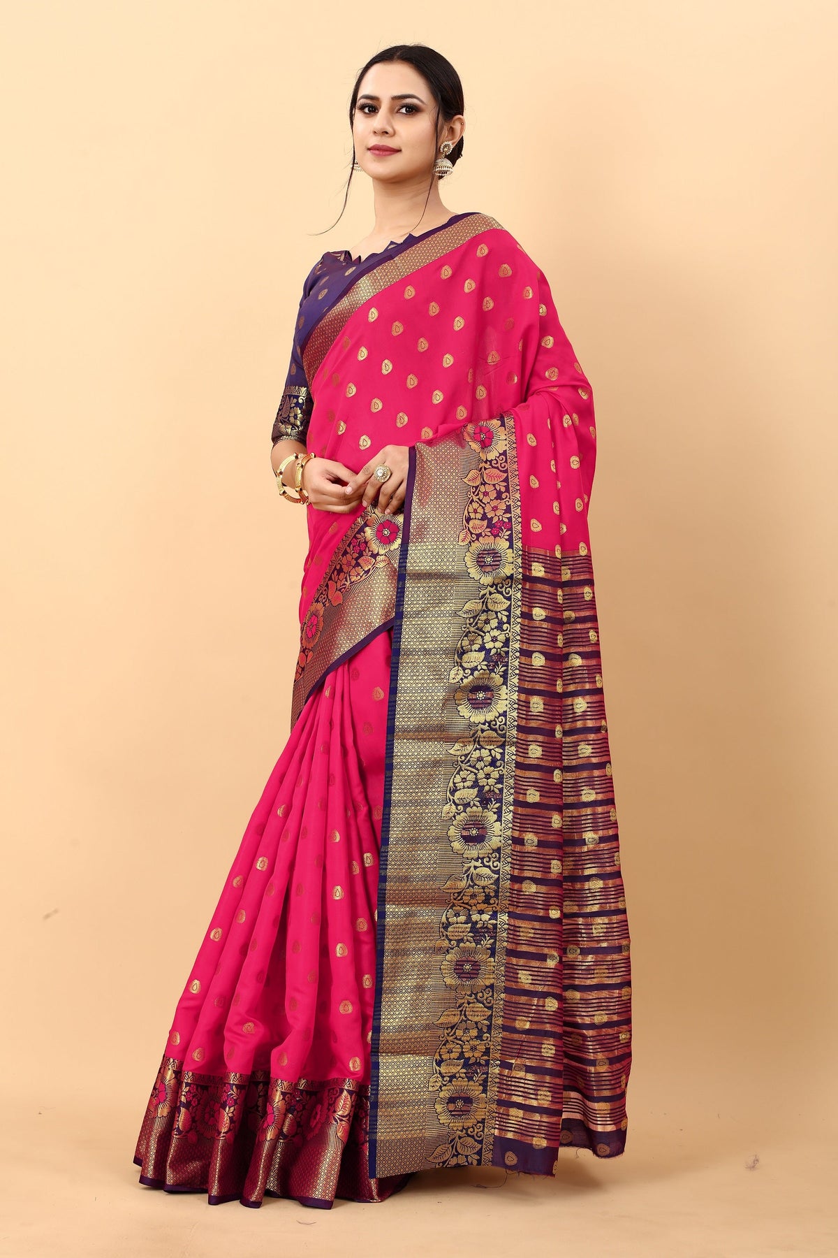 Vedant Vastram Soft Litchi Silk Kanjeevaram Saree - Pink | Grocsy