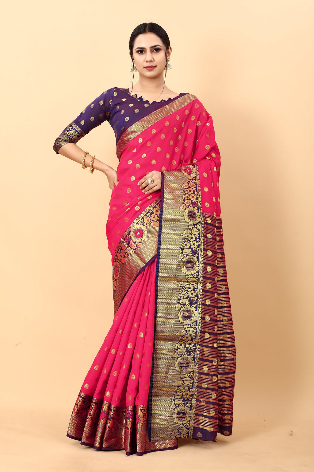 Vedant Vastram Soft Litchi Silk Kanjeevaram Saree - Pink | Grocsy