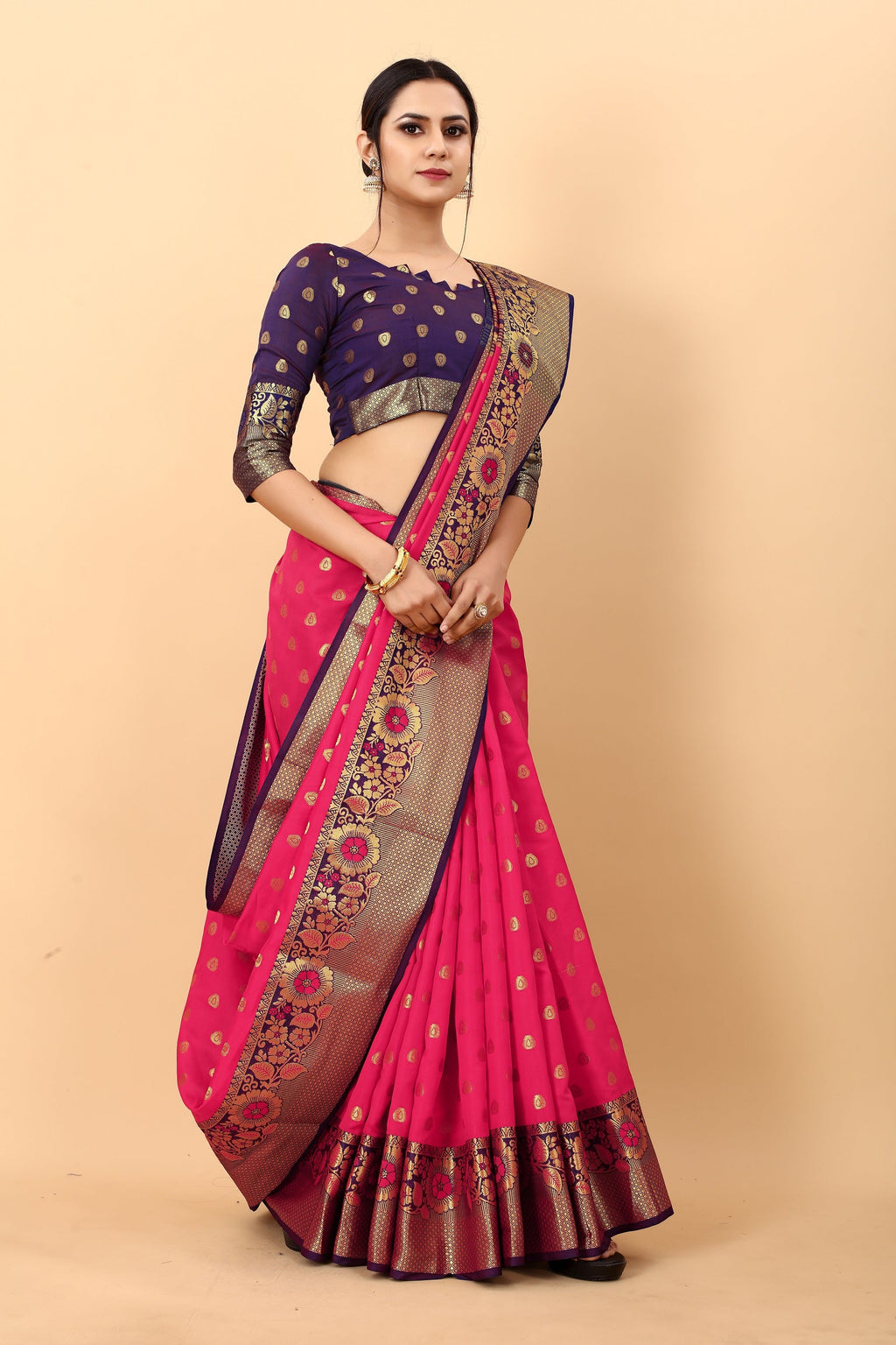 Vedant Vastram Soft Litchi Silk Kanjeevaram Saree - Pink | Grocsy
