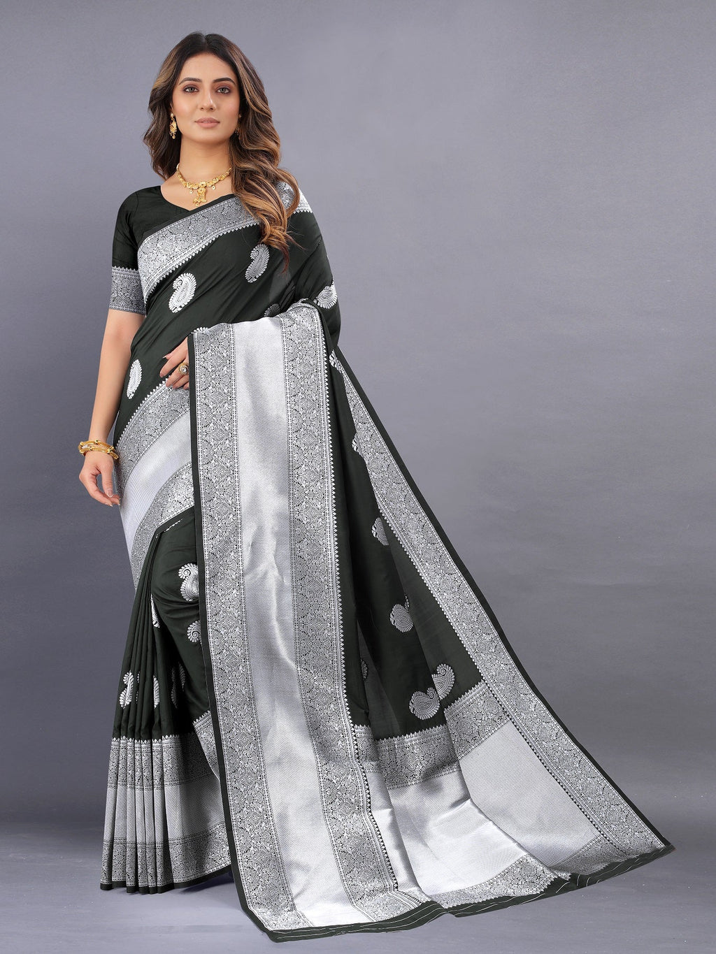 Vedant Vastram Soft Litchi Silk Banarasi Silk Saree - Black | Grocsy