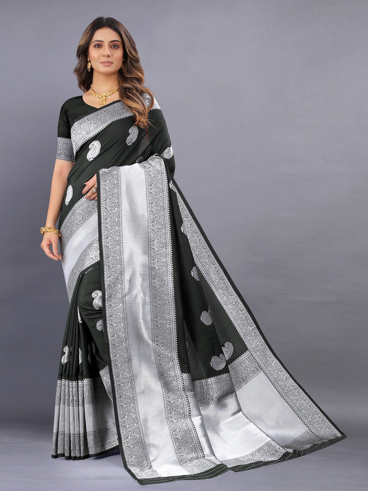 Vedant Vastram Soft Litchi Silk Banarasi Silk Saree - Black | Grocsy