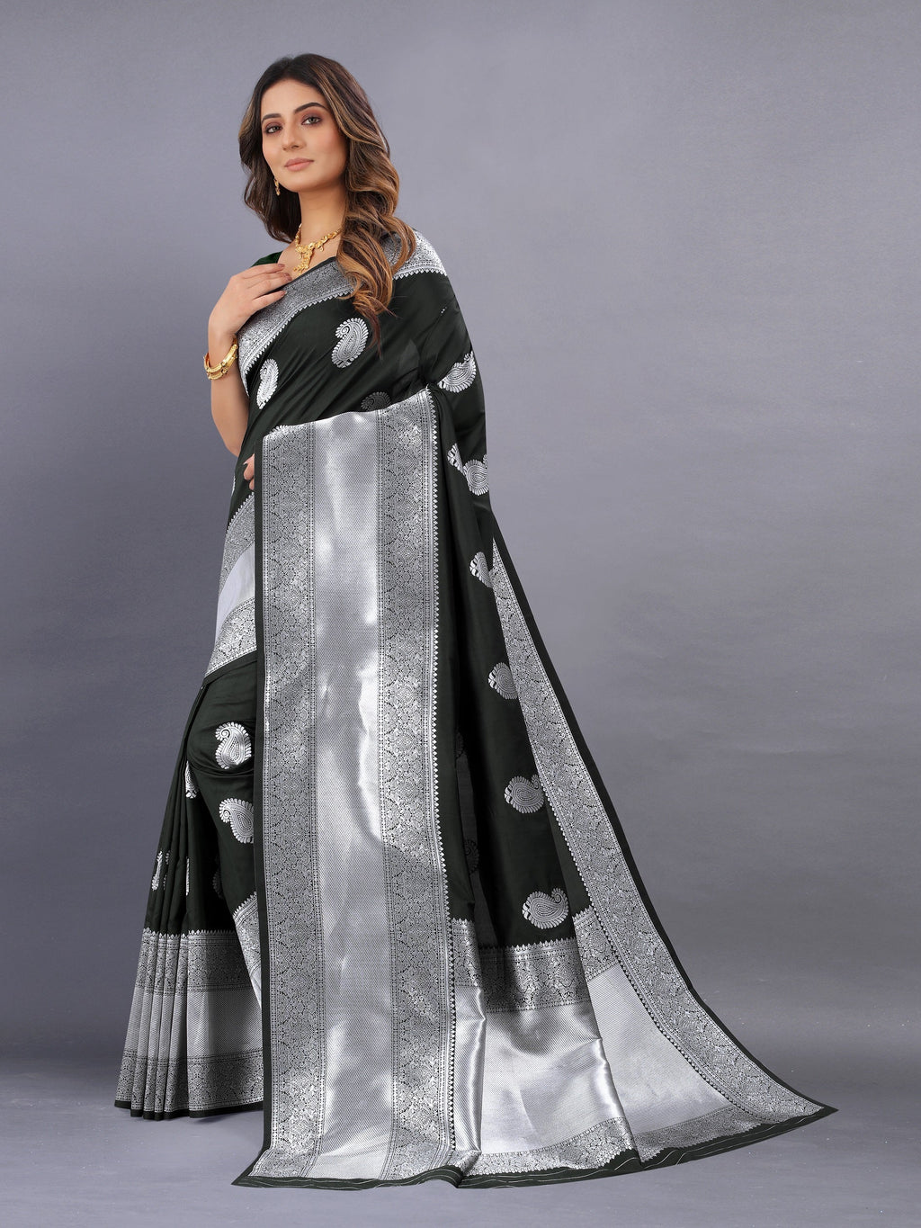Vedant Vastram Soft Litchi Silk Banarasi Silk Saree - Black | Grocsy