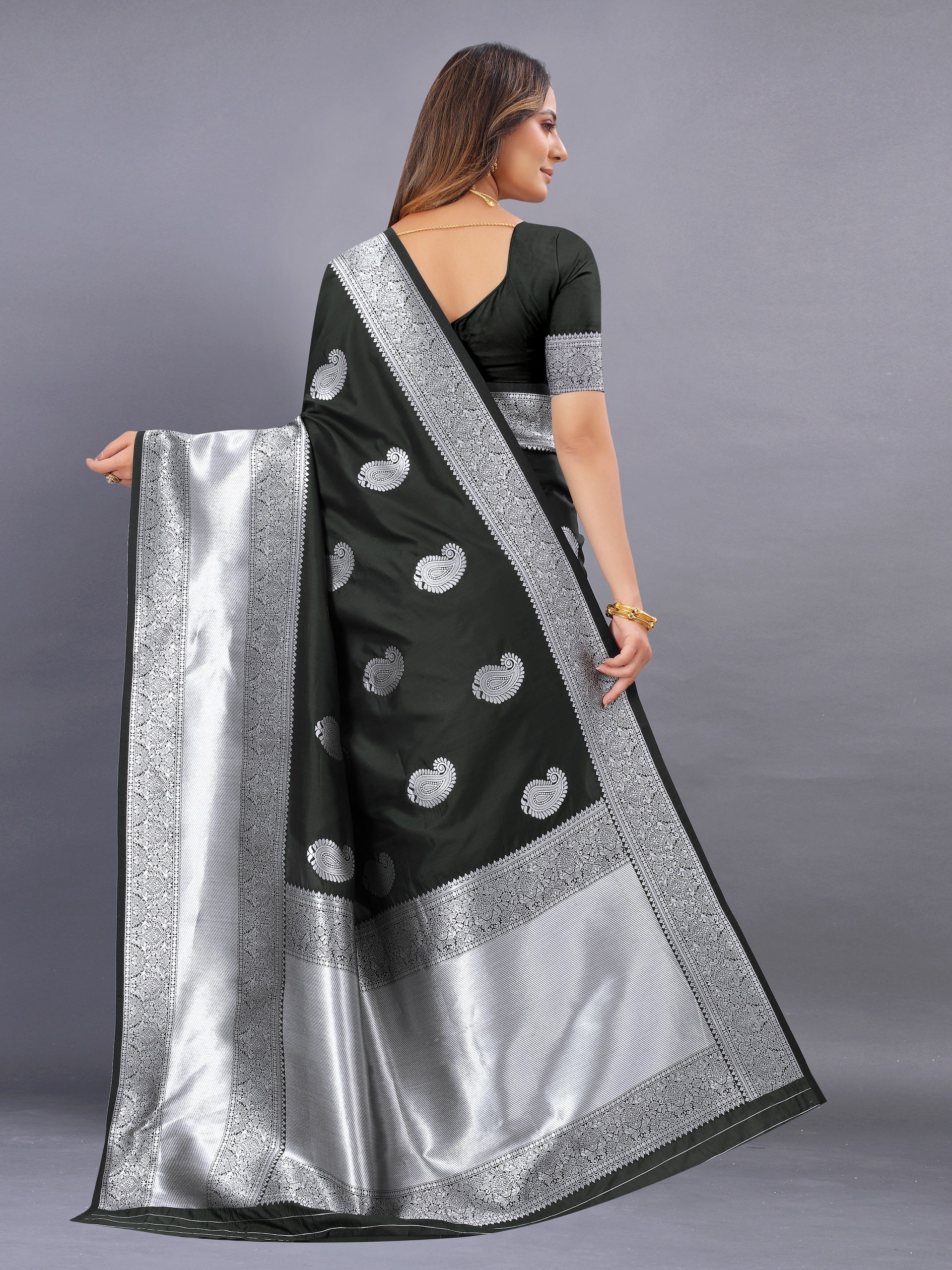 Vedant Vastram Soft Litchi Silk Banarasi Silk Saree - Black | Grocsy
