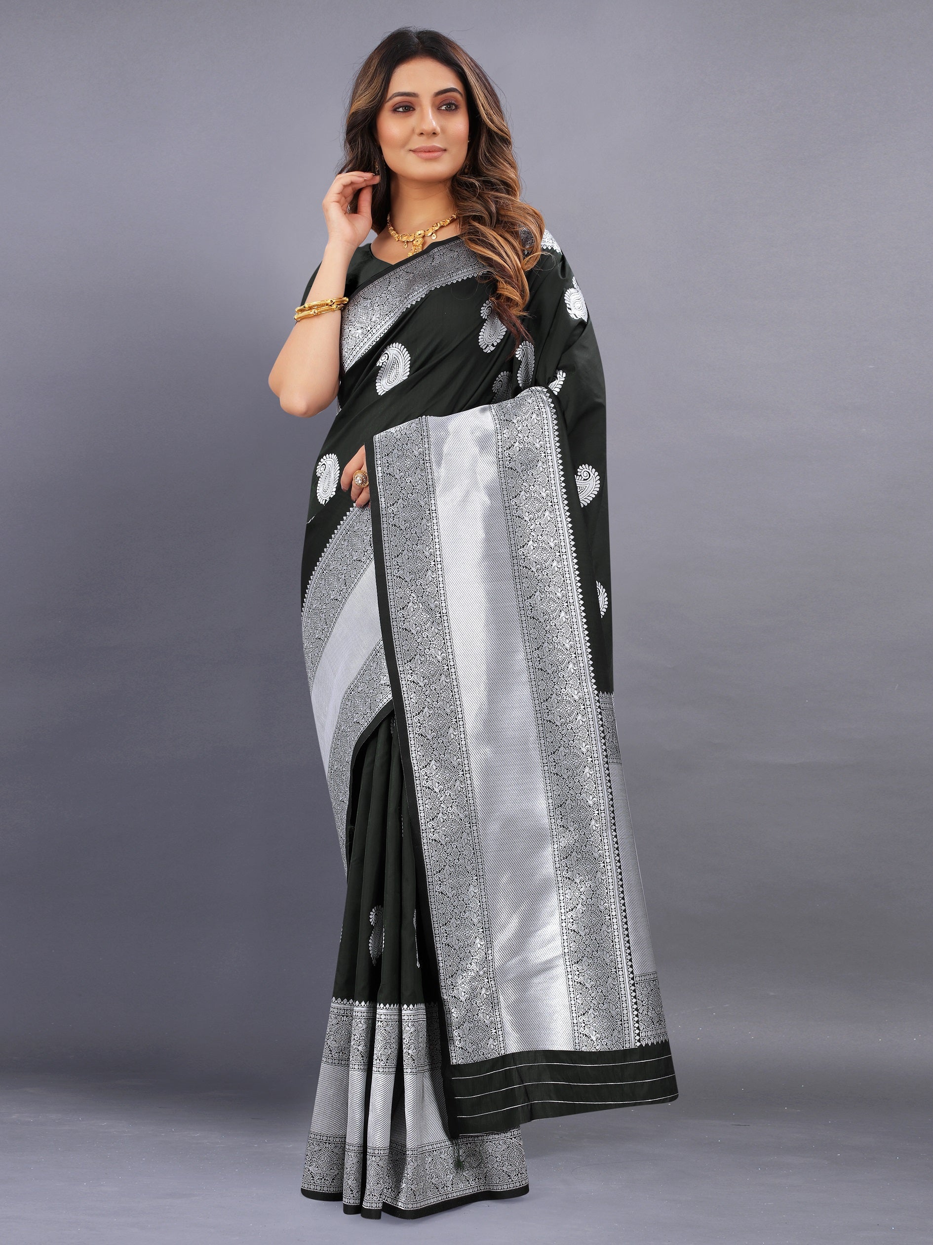 Vedant Vastram Soft Litchi Silk Banarasi Silk Saree - Black | Grocsy