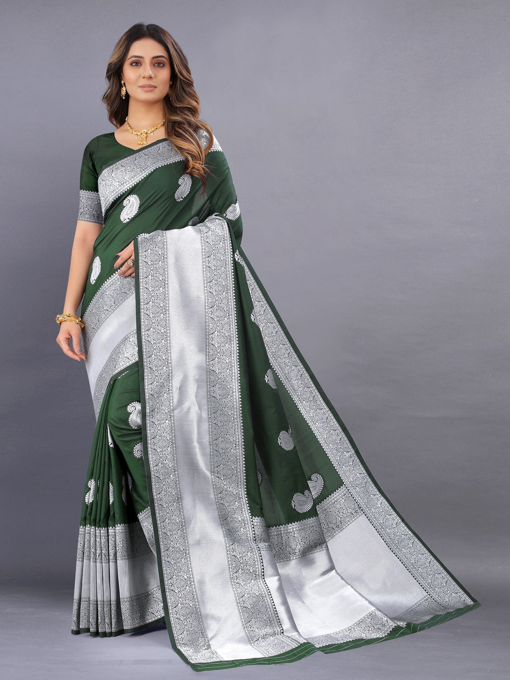 Vedant Vastram Soft Litchi Silk Banarasi Silk Saree - Mehndi | Grocsy