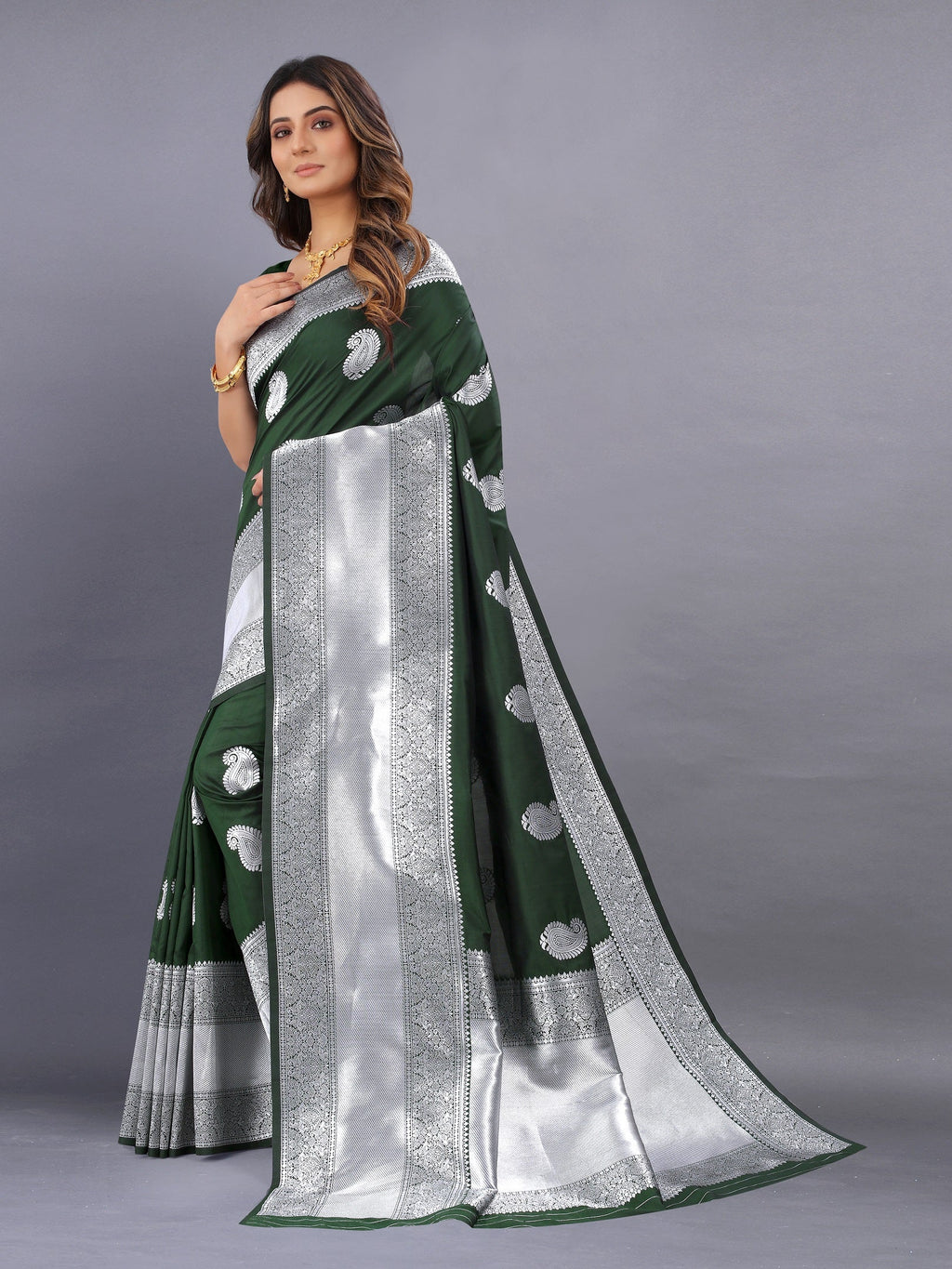 Vedant Vastram Soft Litchi Silk Banarasi Silk Saree - Mehndi | Grocsy