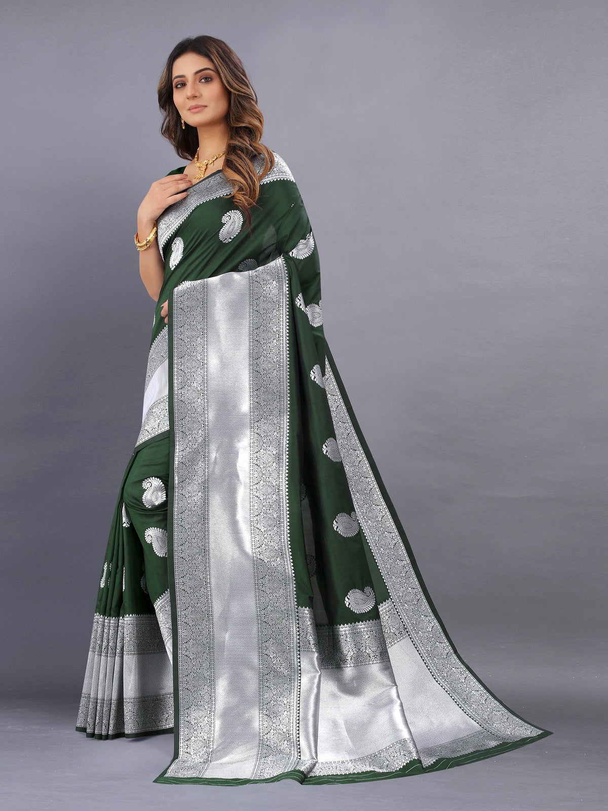 Vedant Vastram Soft Litchi Silk Banarasi Silk Saree - Mehndi | Grocsy