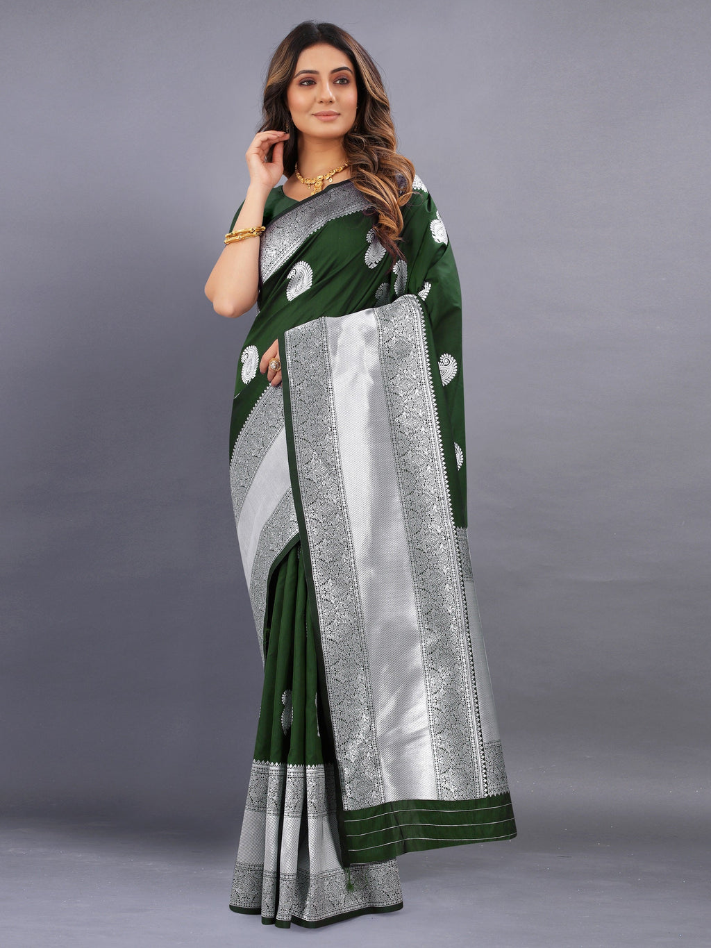 Vedant Vastram Soft Litchi Silk Banarasi Silk Saree - Mehndi | Grocsy