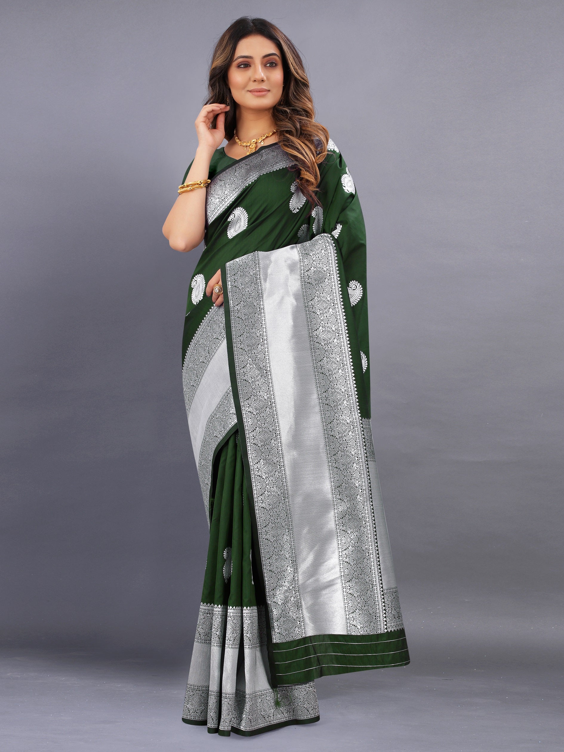 Vedant Vastram Soft Litchi Silk Banarasi Silk Saree - Mehndi | Grocsy