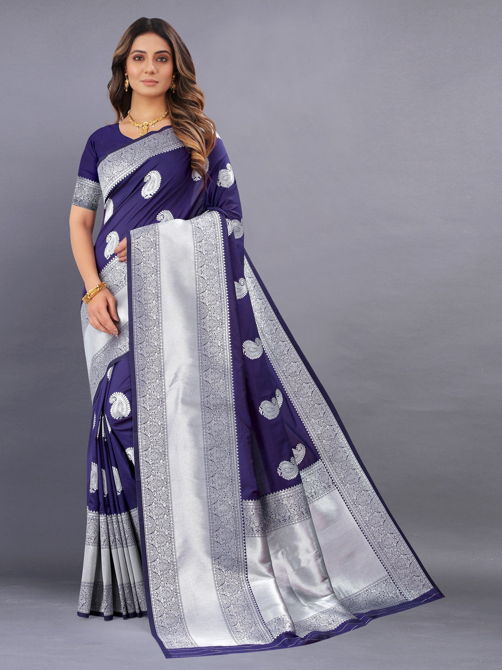Vedant Vastram Soft Litchi Silk Banarasi Silk Saree - Navy | Grocsy