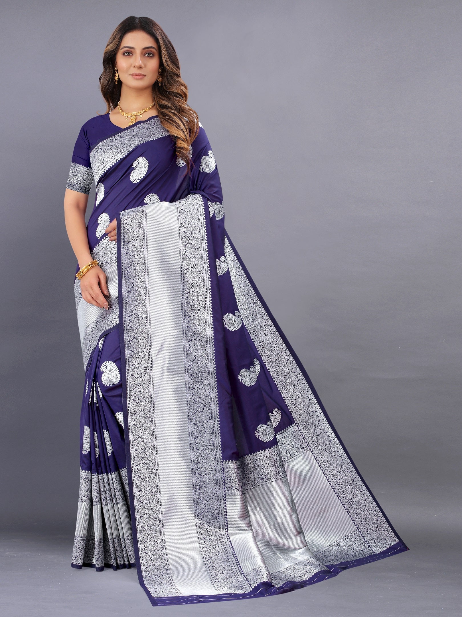 Vedant Vastram Soft Litchi Silk Banarasi Silk Saree - Navy | Grocsy