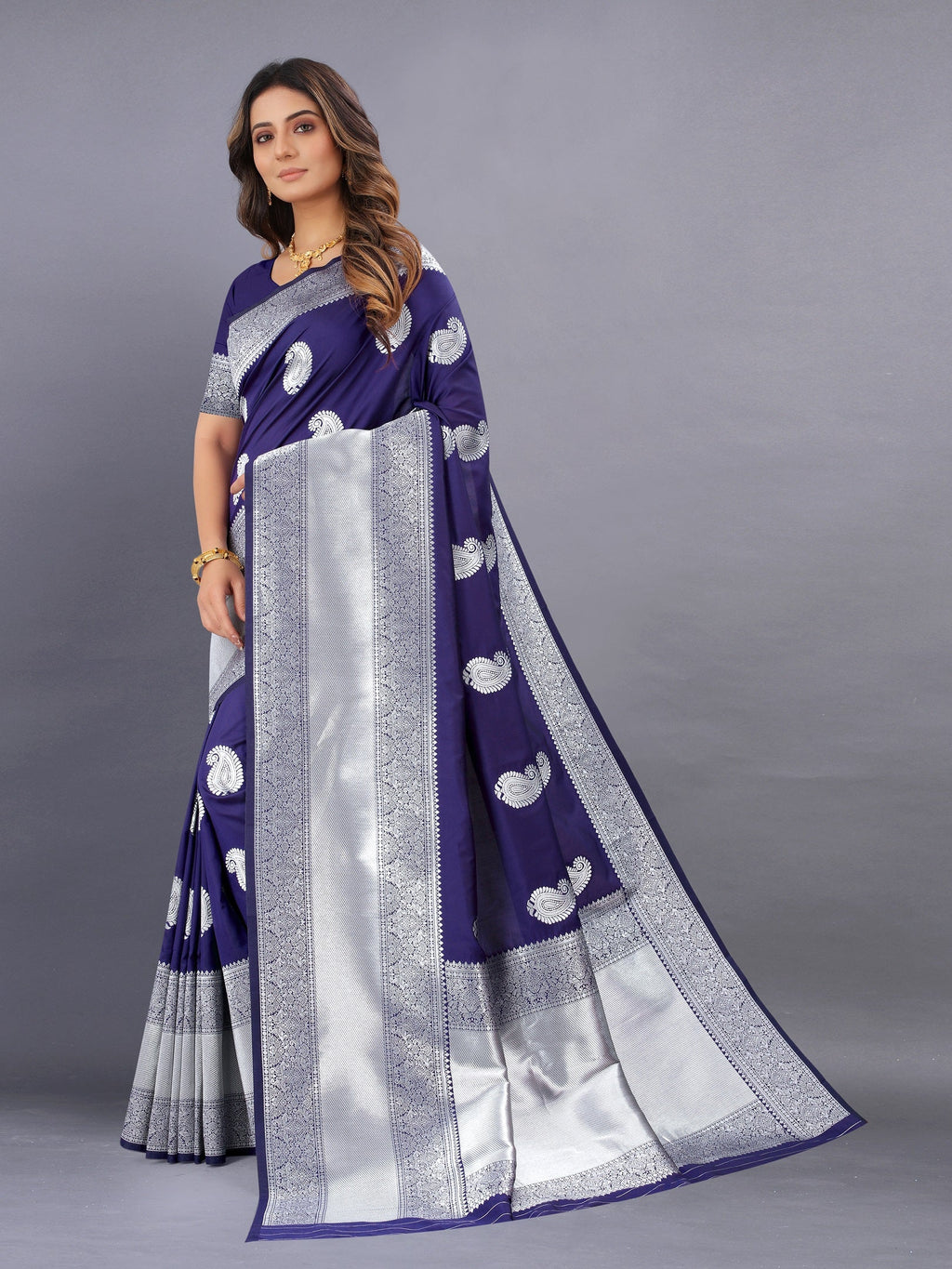 Vedant Vastram Soft Litchi Silk Banarasi Silk Saree - Navy | Grocsy