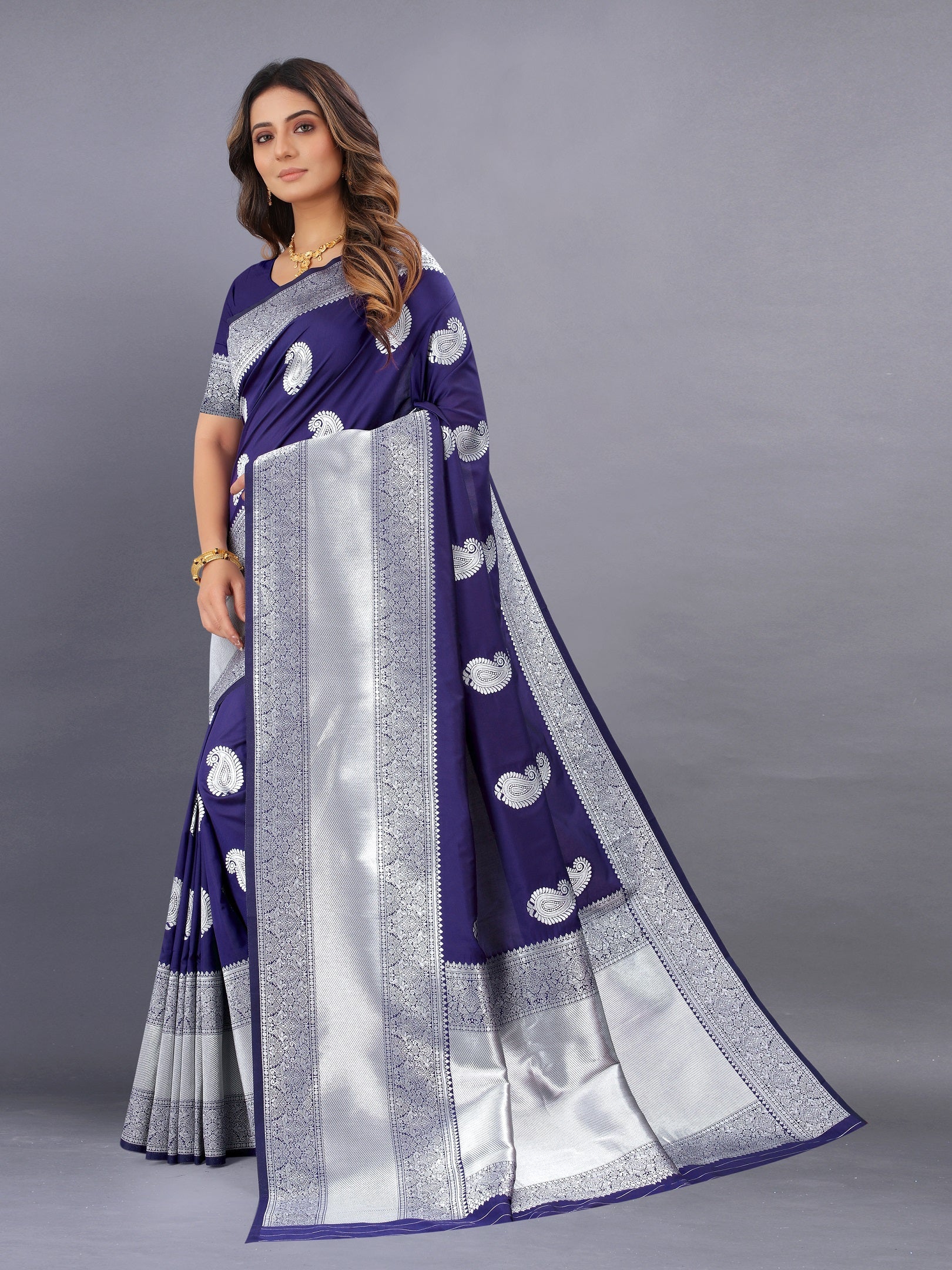 Vedant Vastram Soft Litchi Silk Banarasi Silk Saree - Navy | Grocsy